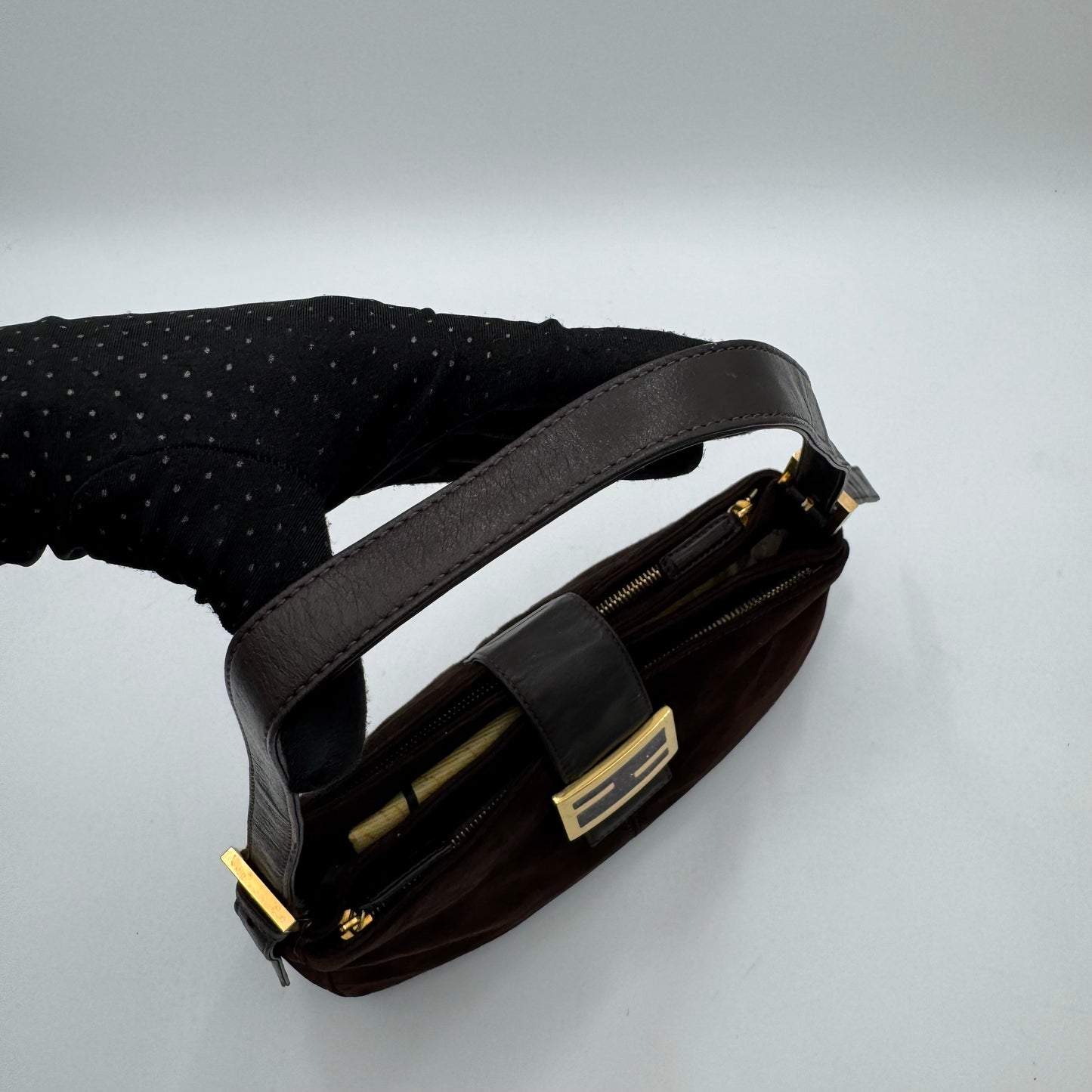 Fendi Brown Suede Gold-Tone and Glittery FF Buckle Baguette