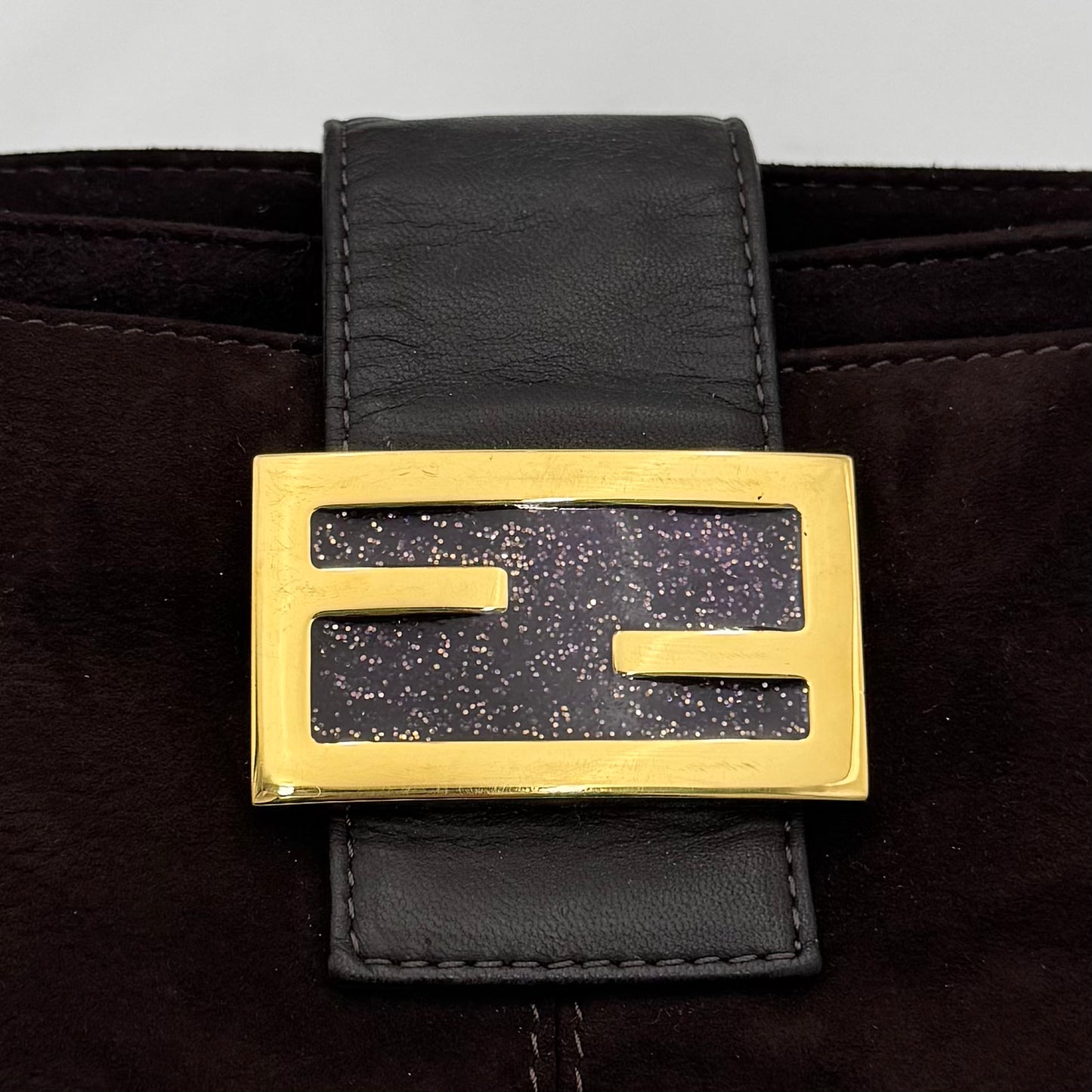 Fendi Brown Suede Gold-Tone and Glittery FF Buckle Baguette