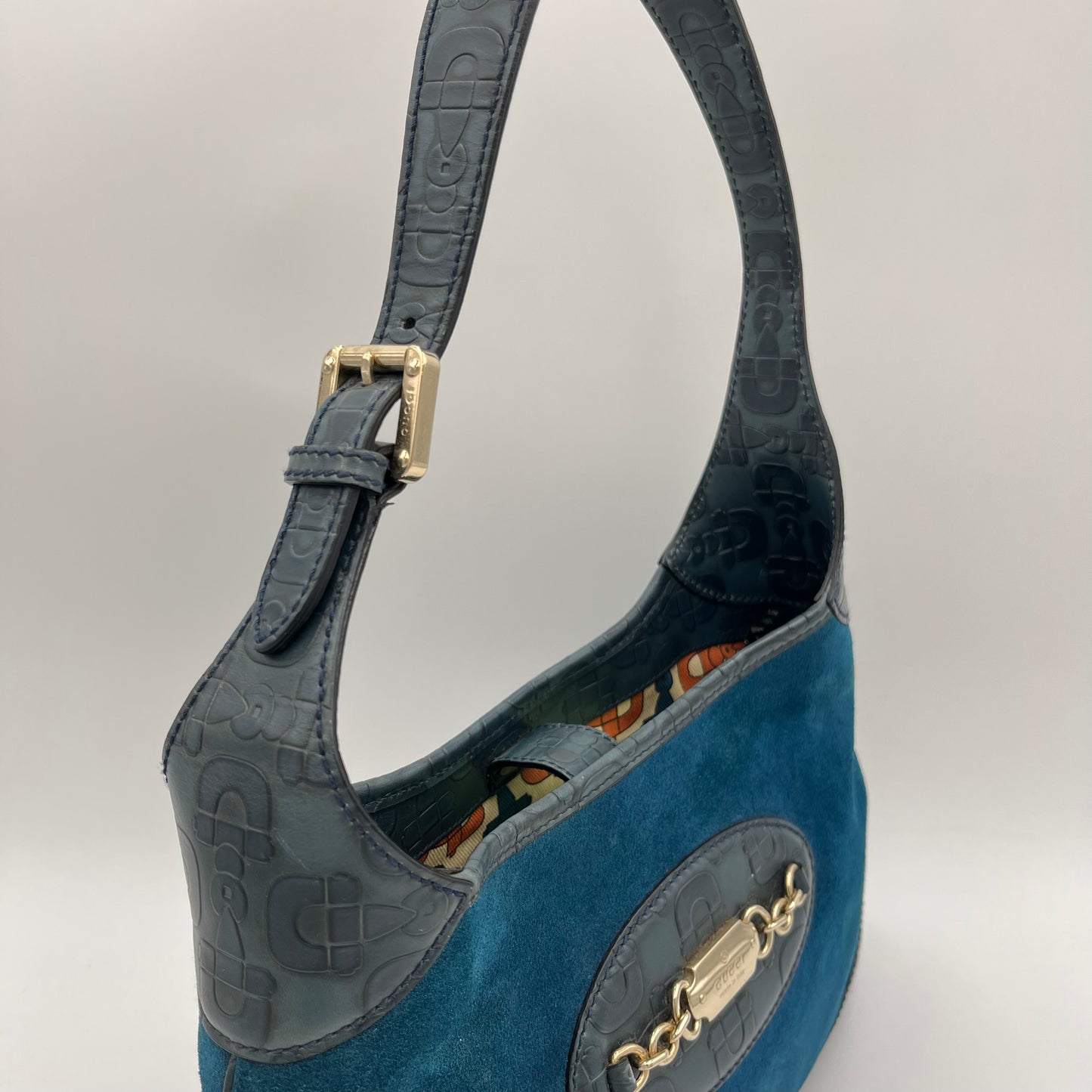 Gucci Dark Blue Suede and Embossed Leather Horsebit Hobo Bag