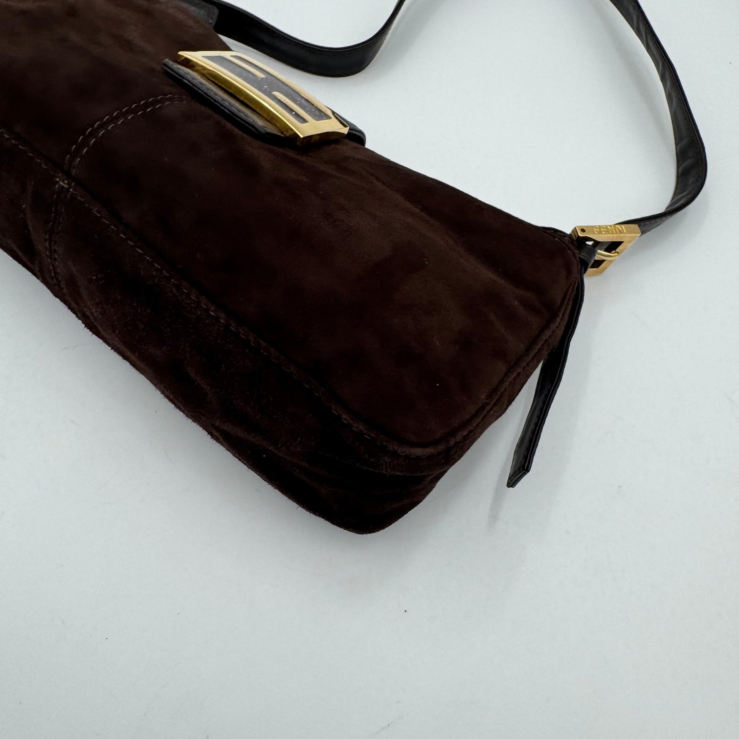 Fendi Brown Suede Gold-Tone and Glittery FF Buckle Baguette