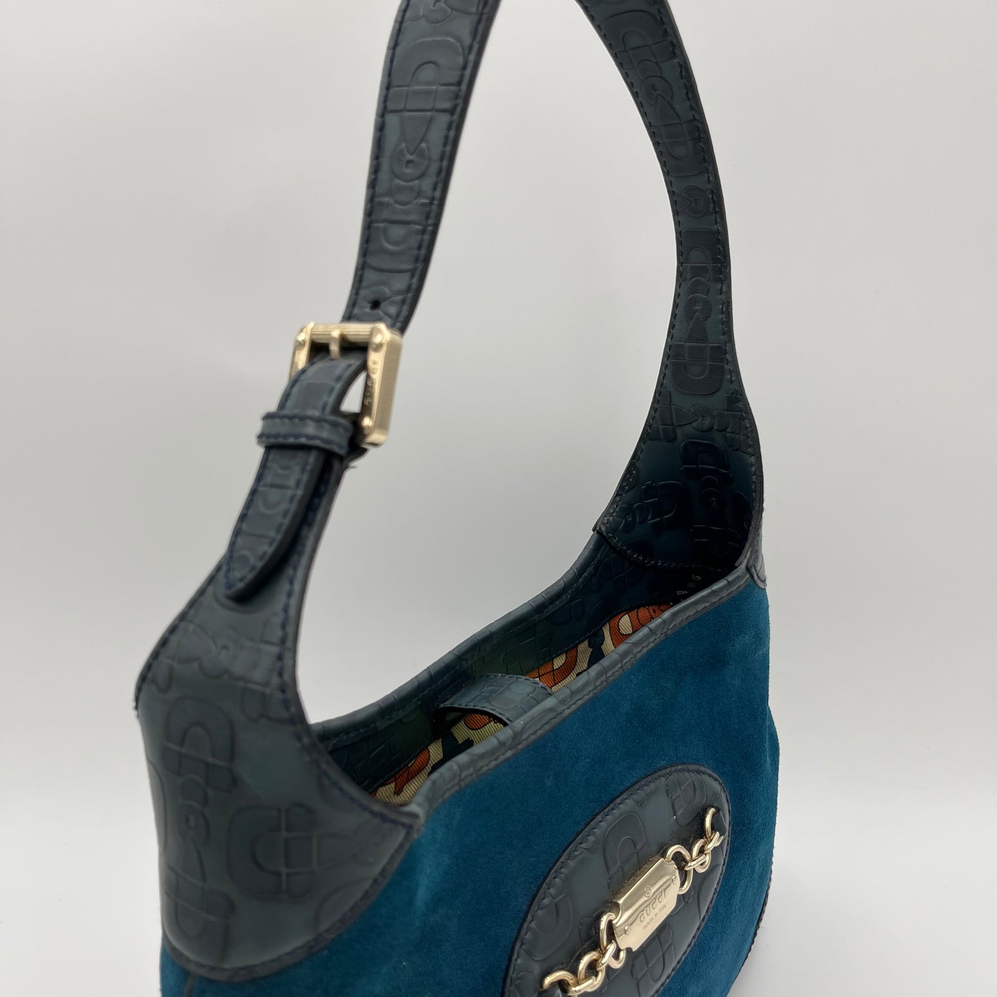 Gucci Dark Blue Suede and Embossed Leather Horsebit Hobo Bag