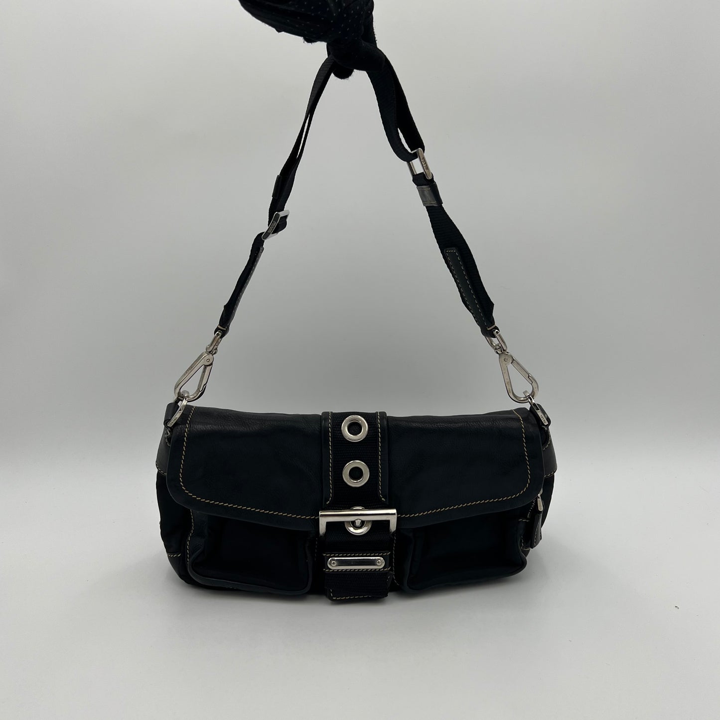 Prada Tessuto and Leather Double Pocket Flap Shoulder Bag