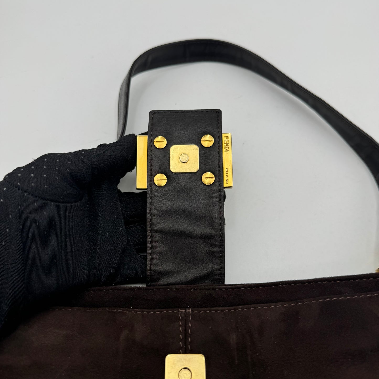 Fendi Brown Suede Gold-Tone and Glittery FF Buckle Baguette