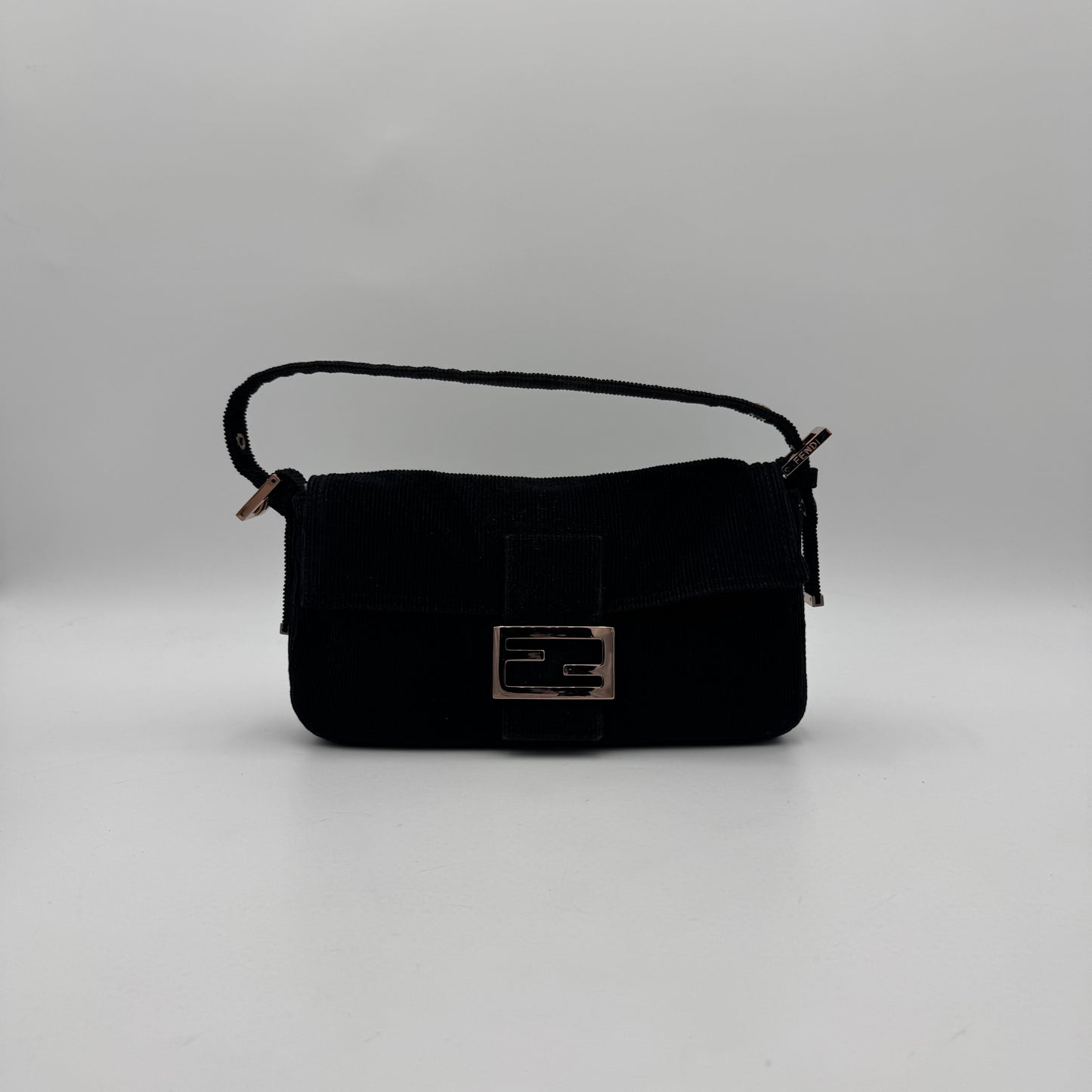 Fendi Black Corduroy Rose Gold Hardware Baguette