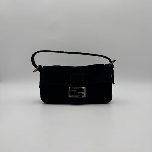 Fendi Black Corduroy Rose Gold Hardware Baguette