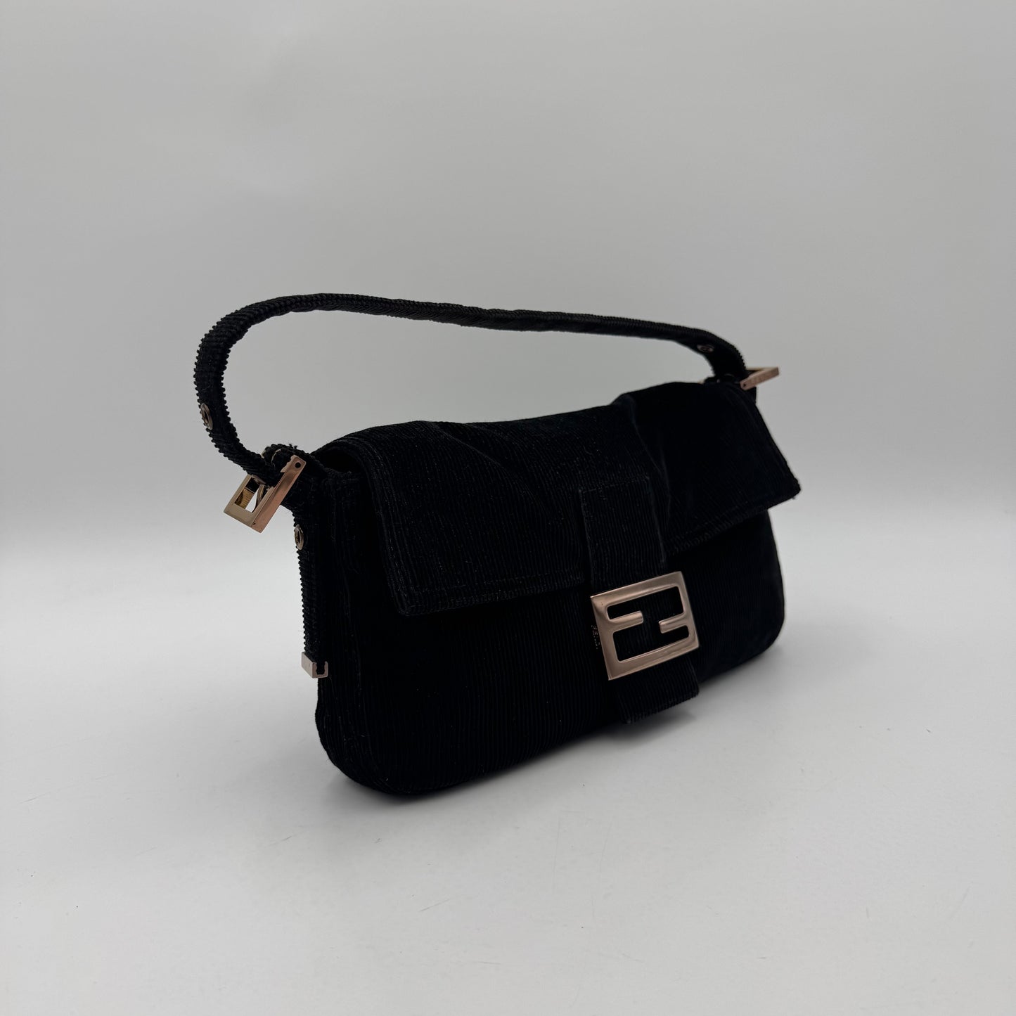 Fendi Black Corduroy Rose Gold Hardware Baguette