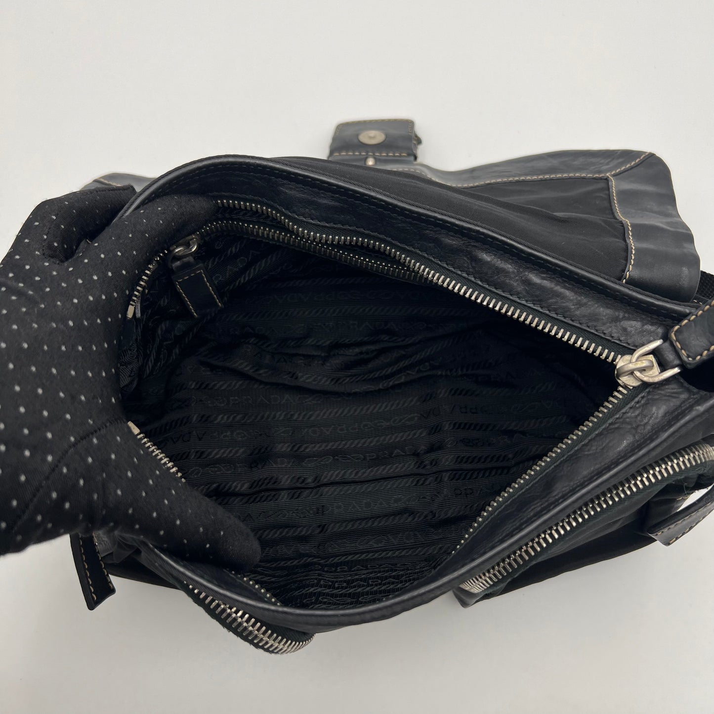 Prada Tessuto and Leather Double Pocket Flap Shoulder Bag