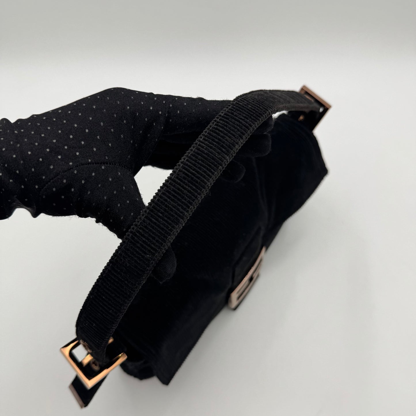 Fendi Black Corduroy Rose Gold Hardware Baguette