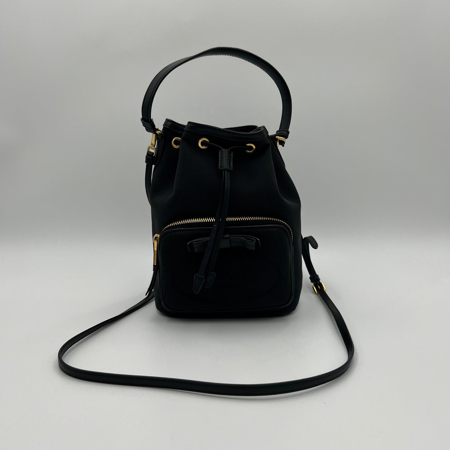 Prada Black Jacquard Drawstring Bucket Bag