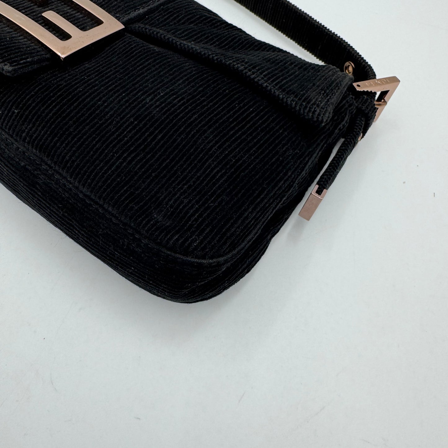 Fendi Black Corduroy Rose Gold Hardware Baguette