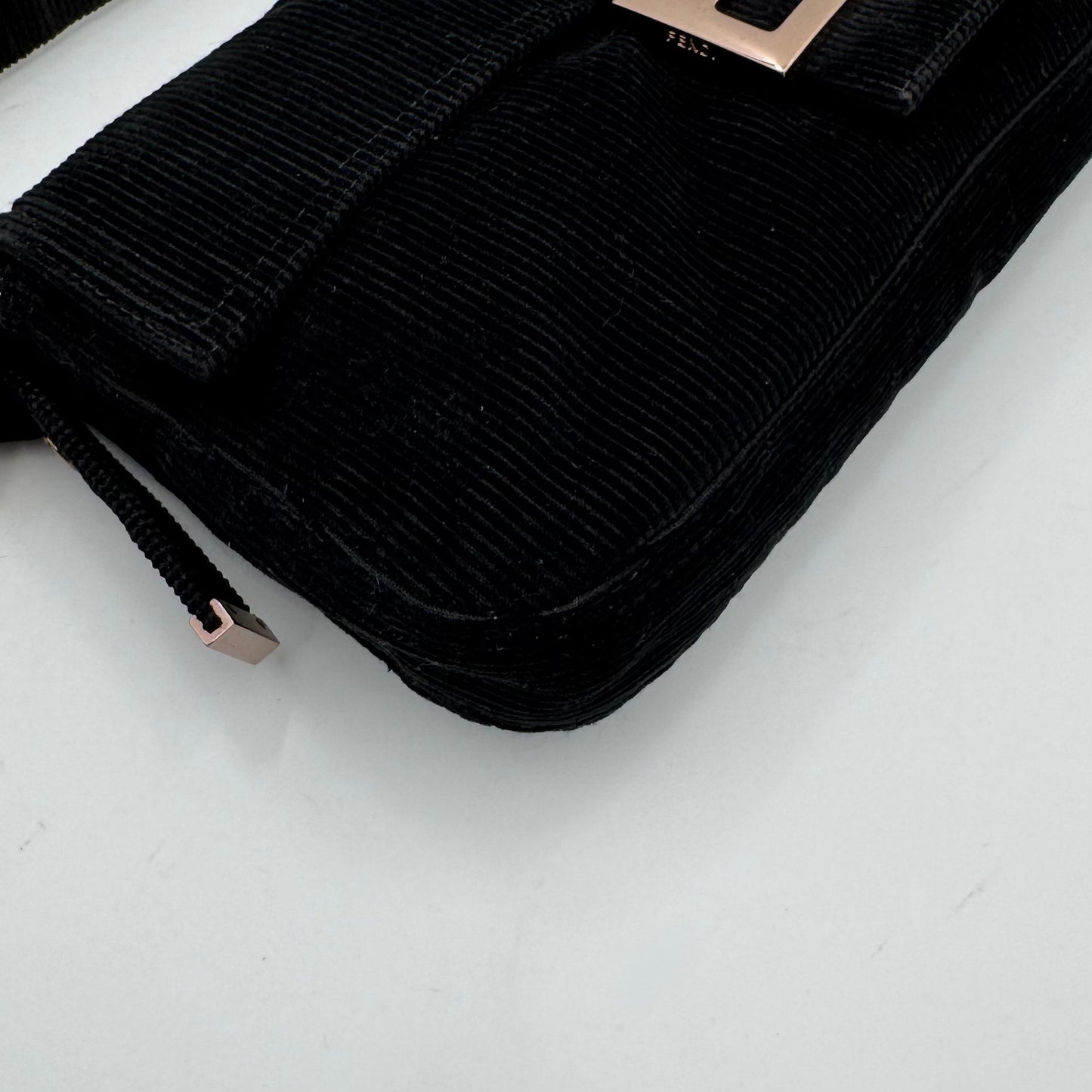 Fendi Black Corduroy Rose Gold Hardware Baguette