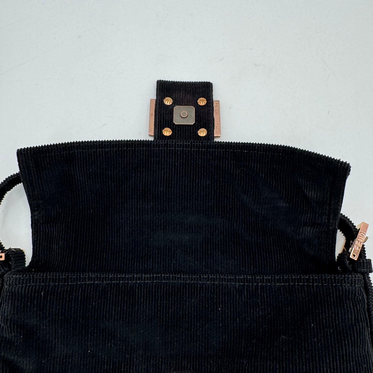 Fendi Black Corduroy Rose Gold Hardware Baguette
