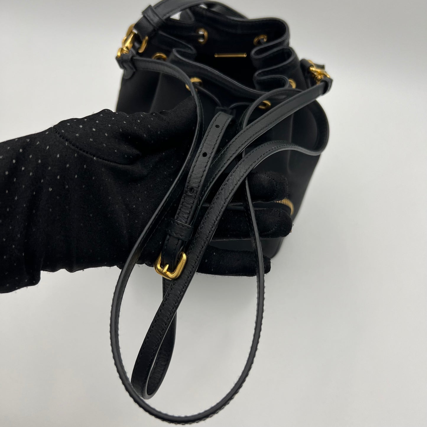 Prada Black Jacquard Drawstring Bucket Bag