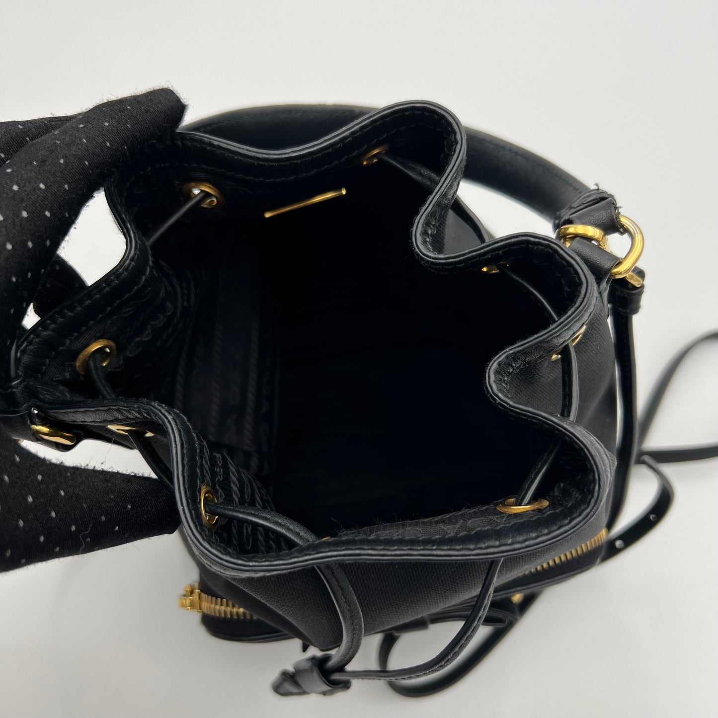 Prada Black Jacquard Drawstring Bucket Bag