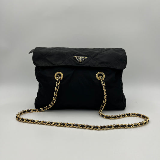 Prada Black Quilted Nylon Flap Chain Bag GHW