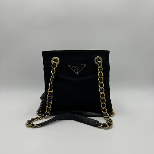 Prada Black Nylon and Leather Large Logo Open Chain Bag GHW