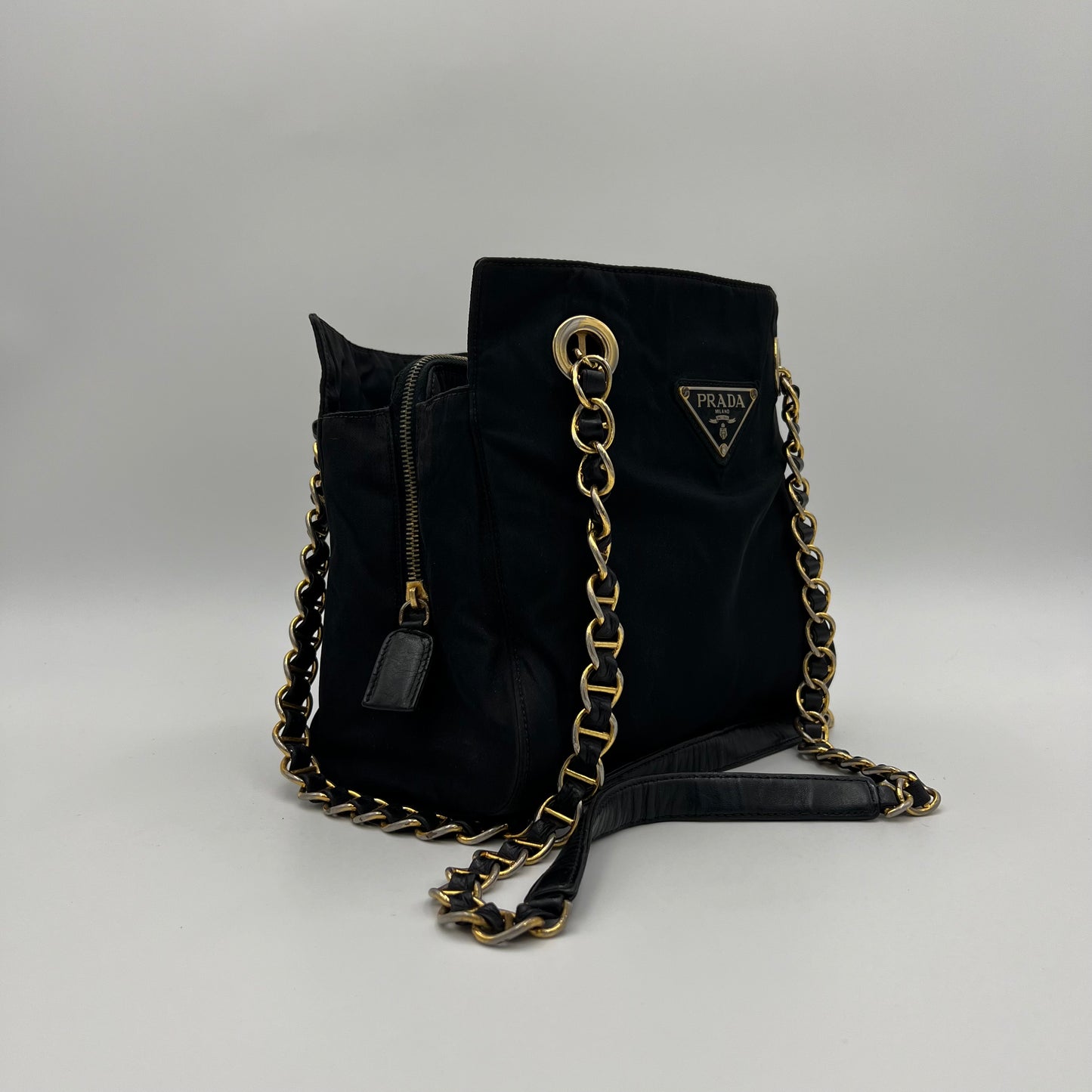 Prada Black Nylon and Leather Large Logo Open Chain Bag GHW