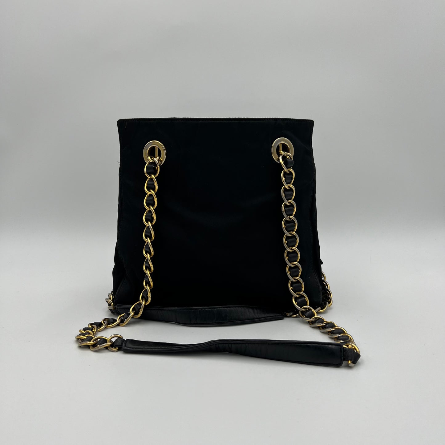 Prada Black Nylon and Leather Large Logo Open Chain Bag GHW