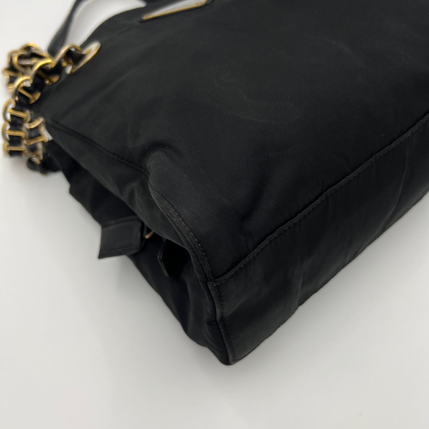 Prada Black Nylon and Leather Large Logo Open Chain Bag GHW