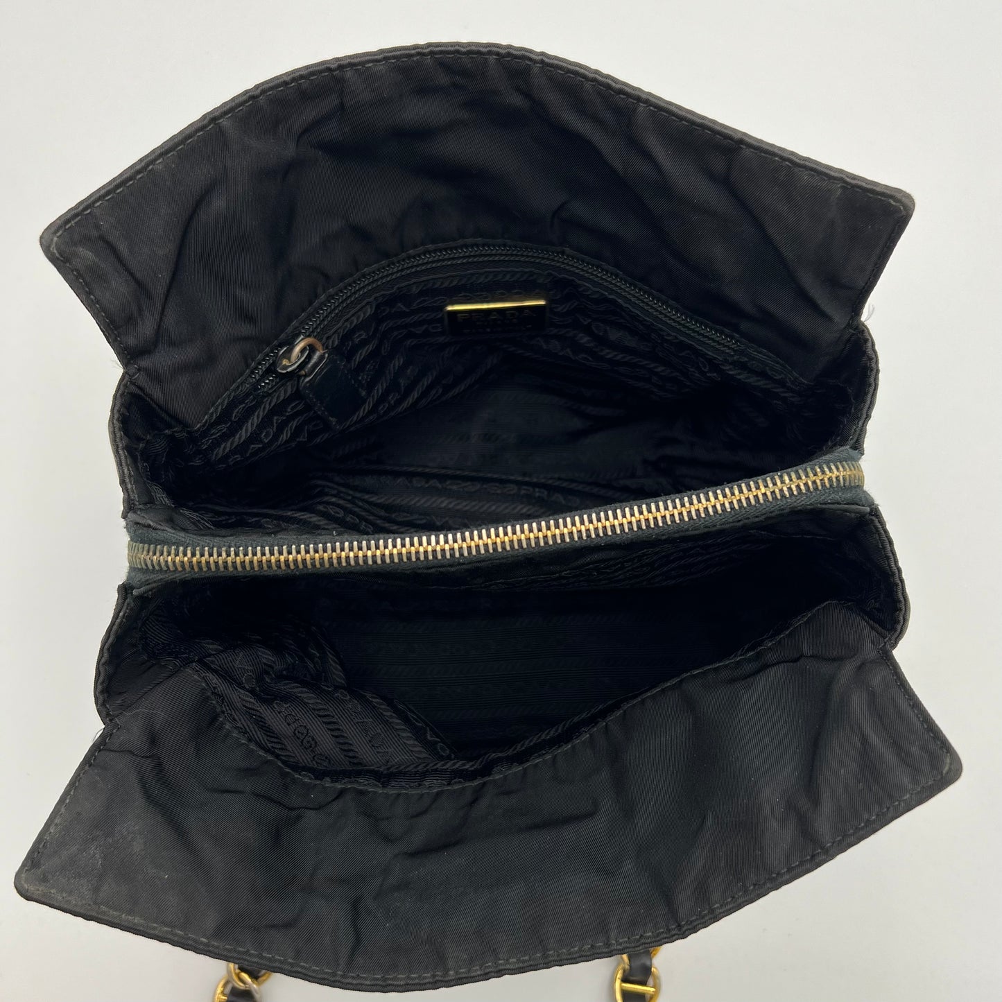 Prada Black Nylon and Leather Large Logo Open Chain Bag GHW