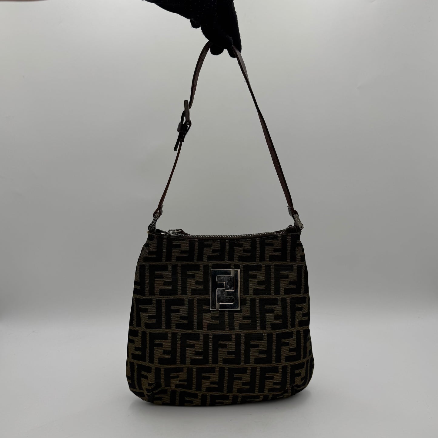 Fendi Tobacco Zucca Canvas FF Logo Plate Shoulder Bag