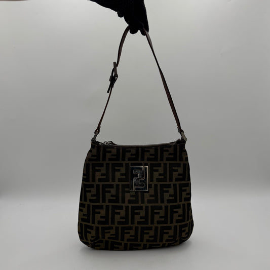 Fendi Tobacco Zucca Canvas FF Logo Plate Shoulder Bag