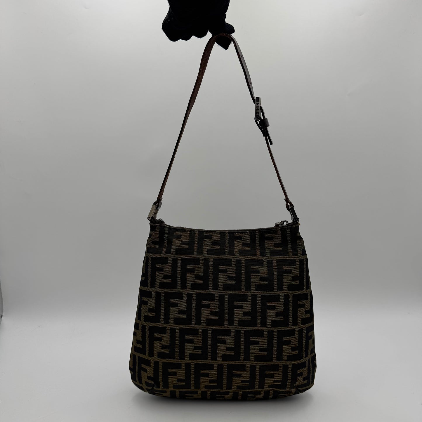 Fendi Tobacco Zucca Canvas FF Logo Plate Shoulder Bag