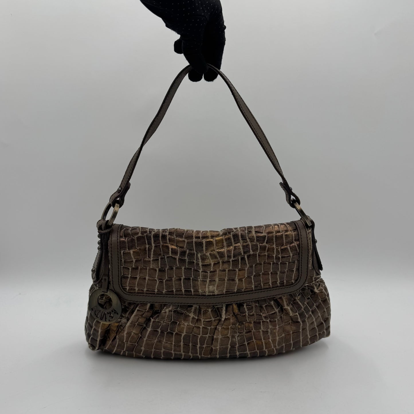 Fendi Metallic Bronze Croc Embossed Design Flap Chef Shoulder Bag