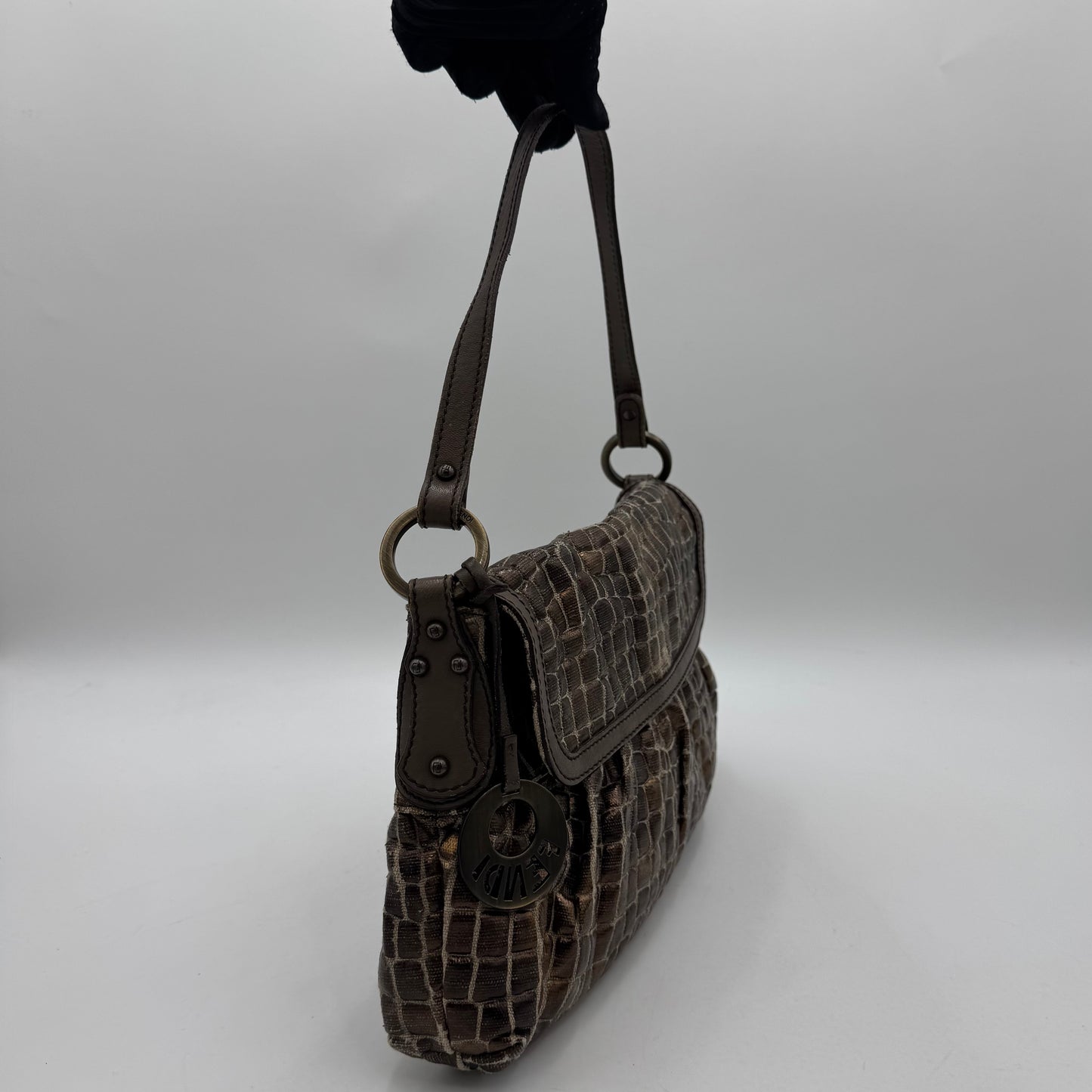 Fendi Metallic Bronze Croc Embossed Design Flap Chef Shoulder Bag