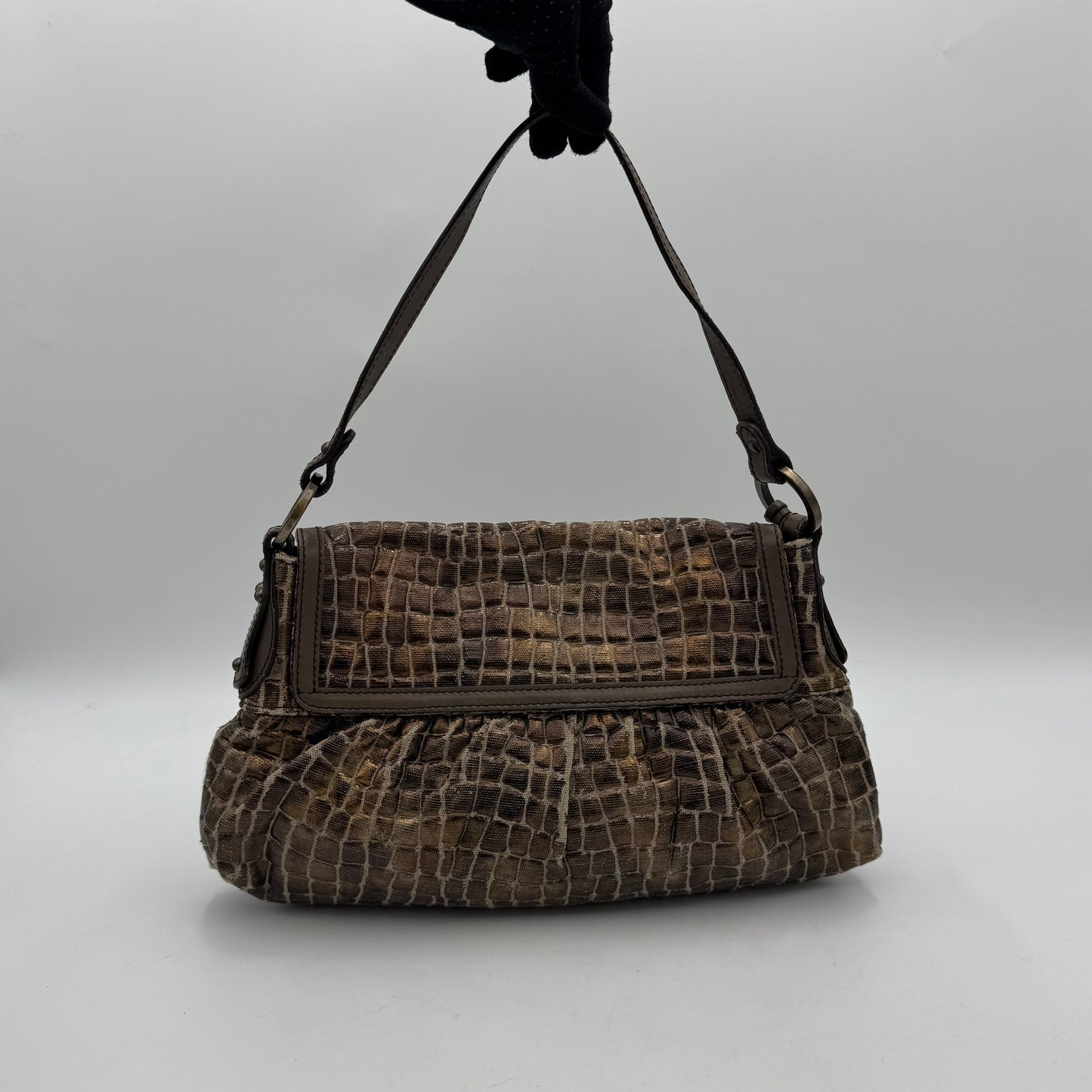 Fendi Metallic Bronze Croc Embossed Design Flap Chef Shoulder Bag
