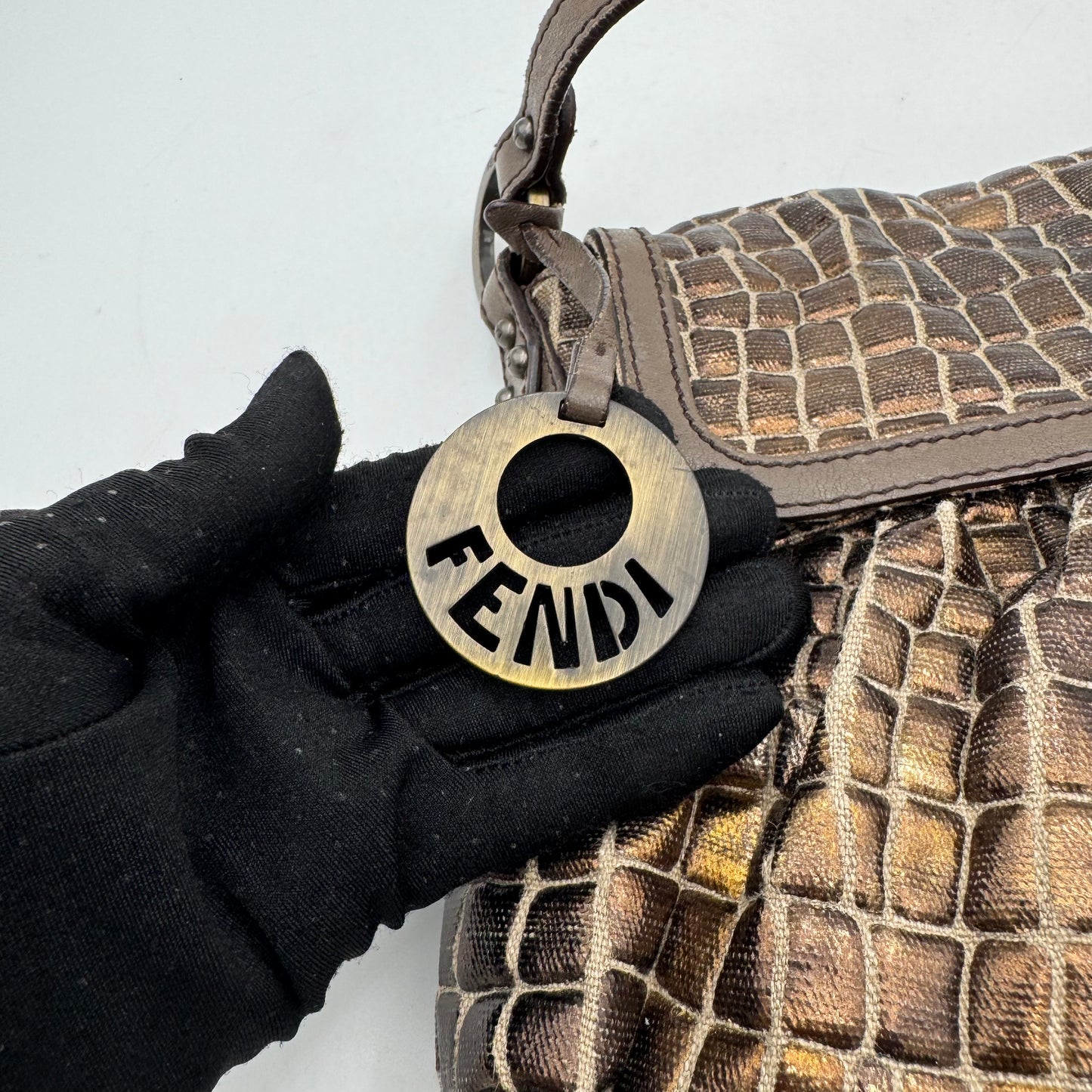 Fendi Metallic Bronze Croc Embossed Design Flap Chef Shoulder Bag