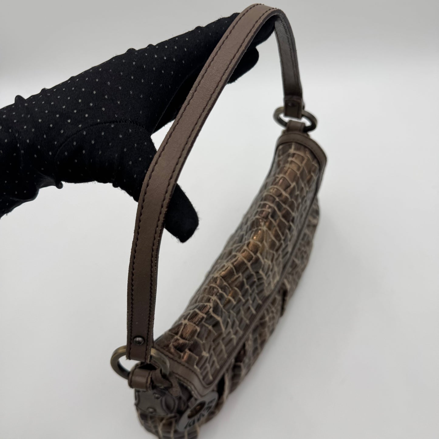Fendi Metallic Bronze Croc Embossed Design Flap Chef Shoulder Bag