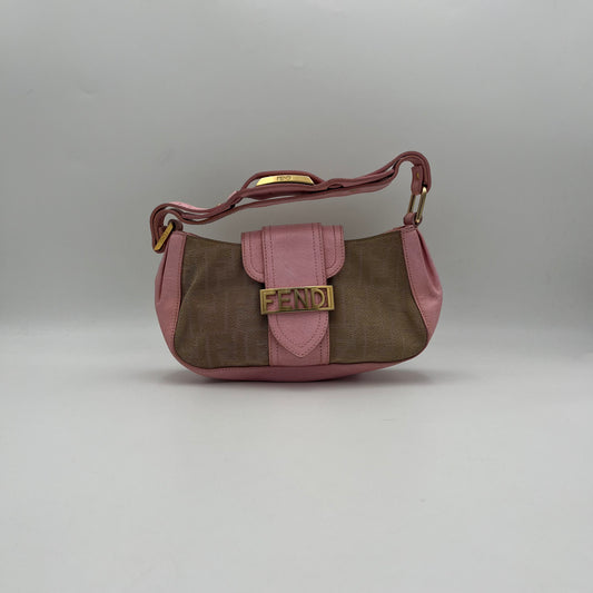Fendi Beige Zucca Pink Leather Logo Plate Baguette