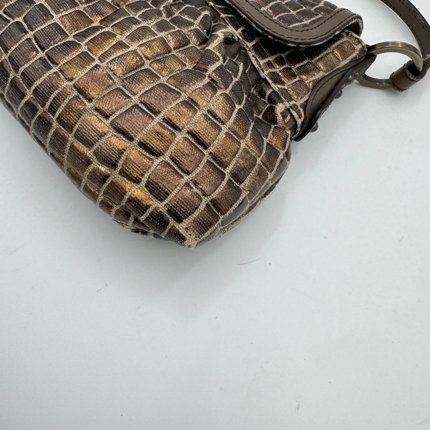 Fendi Metallic Bronze Croc Embossed Design Flap Chef Shoulder Bag