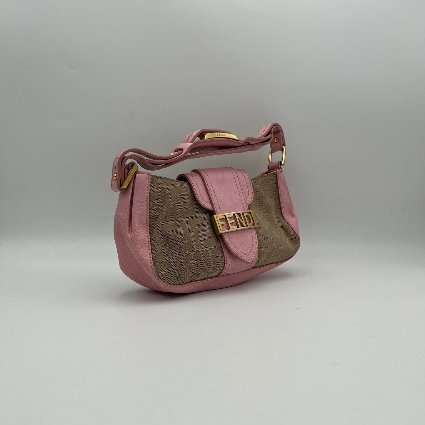 Fendi Beige Zucca Pink Leather Logo Plate Baguette