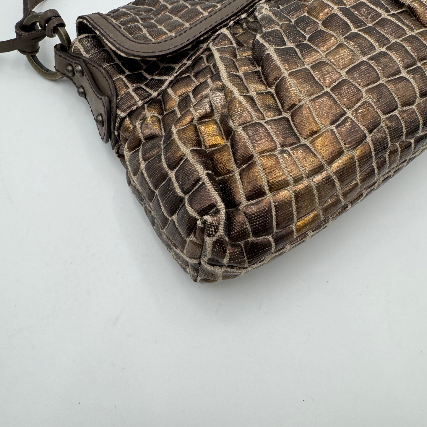 Fendi Metallic Bronze Croc Embossed Design Flap Chef Shoulder Bag