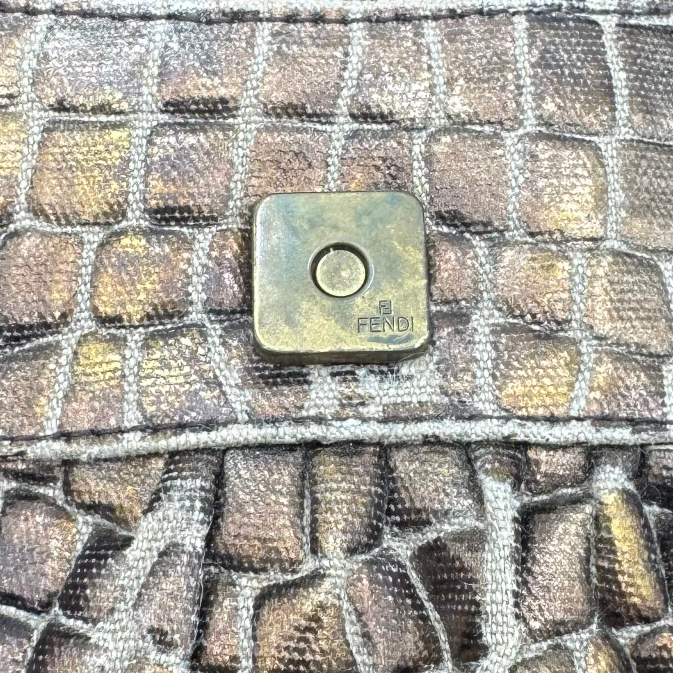 Fendi Metallic Bronze Croc Embossed Design Flap Chef Shoulder Bag