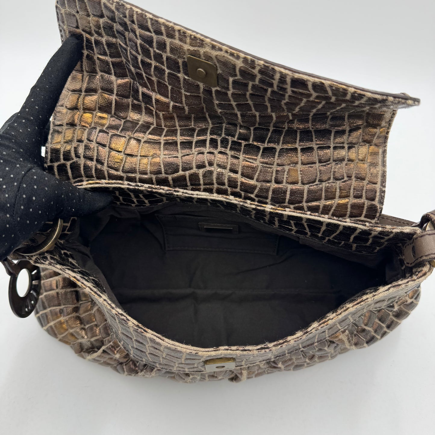 Fendi Metallic Bronze Croc Embossed Design Flap Chef Shoulder Bag