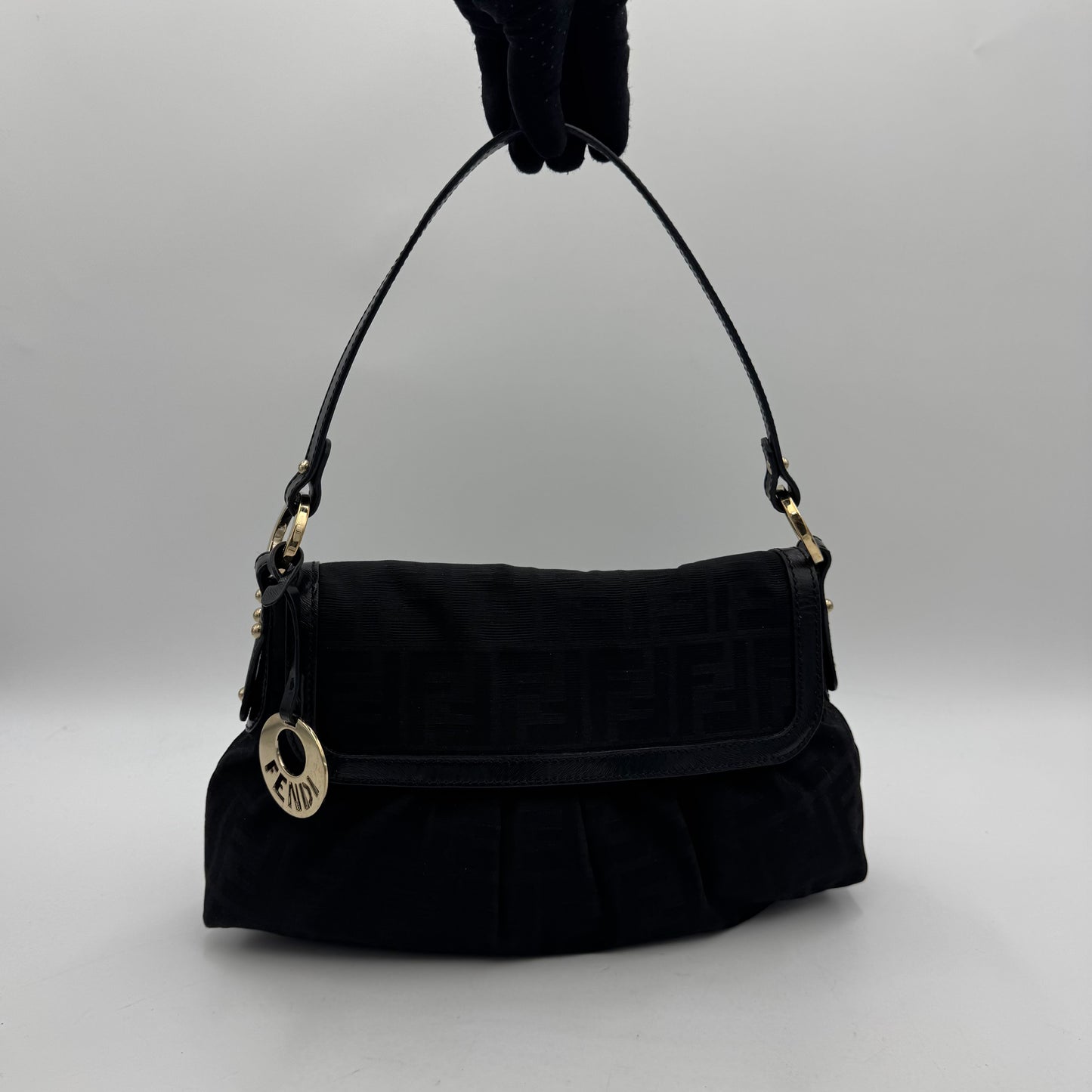 Fendi Black Zucca Canvas and Leather Flap Chef Shoulder Bag