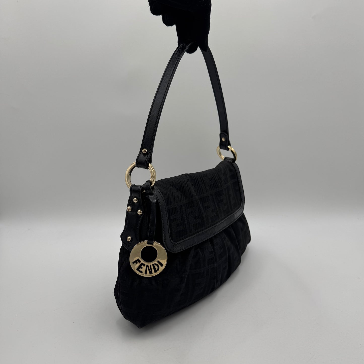 Fendi Black Zucca Canvas and Leather Flap Chef Shoulder Bag