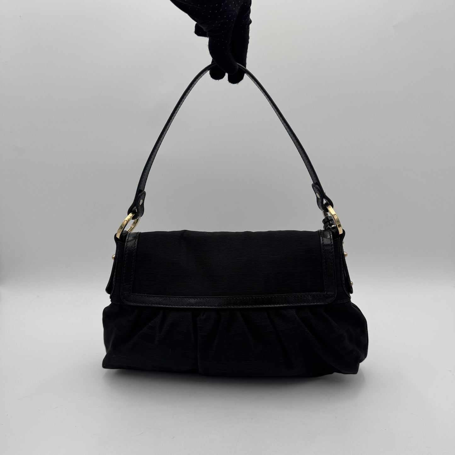 Fendi Black Zucca Canvas and Leather Flap Chef Shoulder Bag