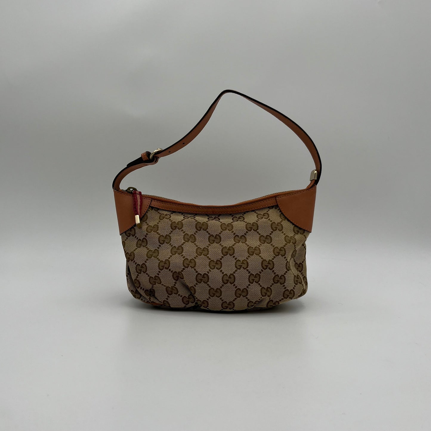 Gucci Brown Monogram Canvas Salmon Pink Leather Hobo Pochette