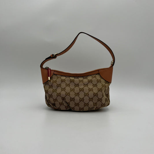 Gucci Brown Monogram Canvas Salmon Pink Leather Hobo Pochette