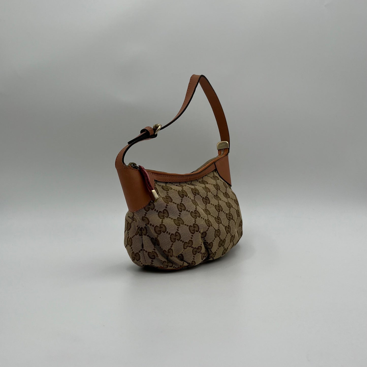 Gucci Brown Monogram Canvas Salmon Pink Leather Hobo Pochette