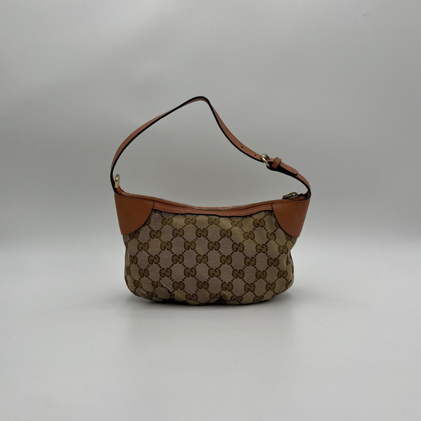 Gucci Brown Monogram Canvas Salmon Pink Leather Hobo Pochette