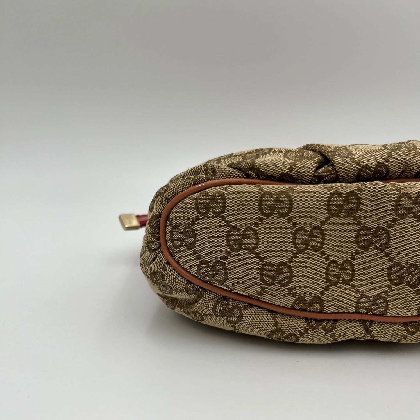Gucci Brown Monogram Canvas Salmon Pink Leather Hobo Pochette