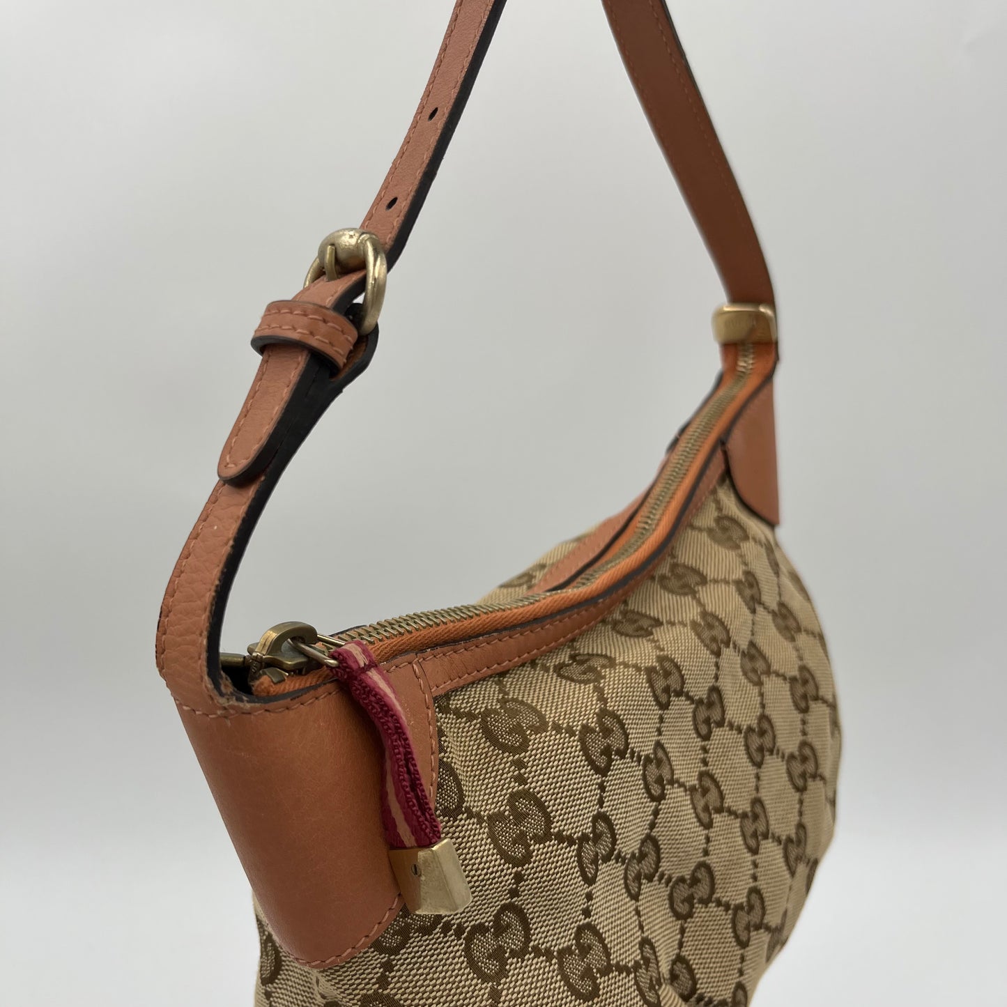 Gucci Brown Monogram Canvas Salmon Pink Leather Hobo Pochette