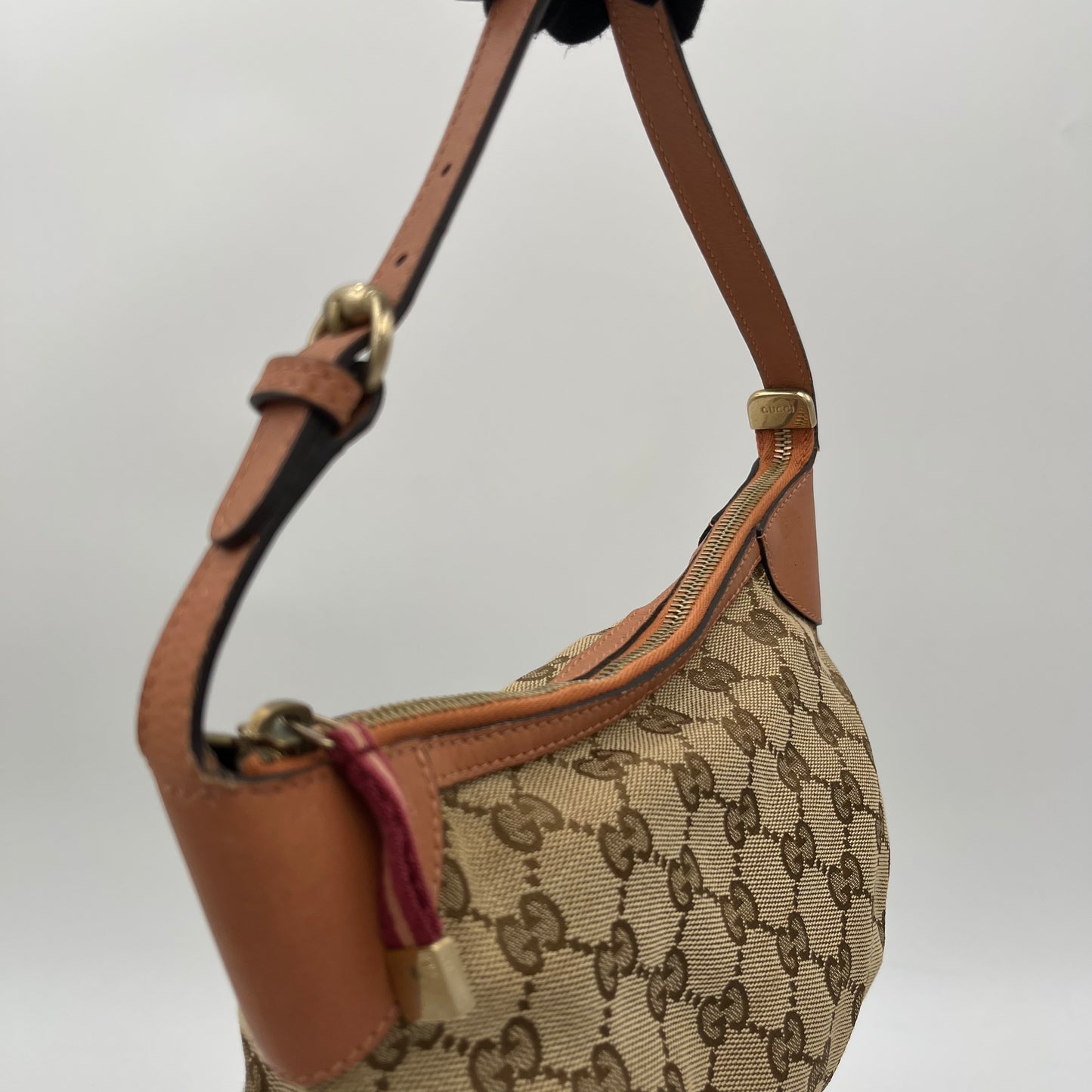 Gucci Brown Monogram Canvas Salmon Pink Leather Hobo Pochette