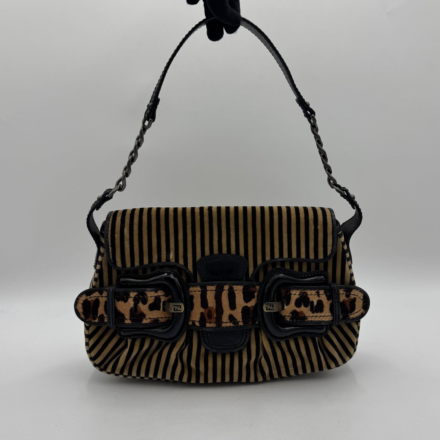 Fendi Brown Black Striped Velvet and Leopard Print Calfhair Buckle Flap Shoulder Bag