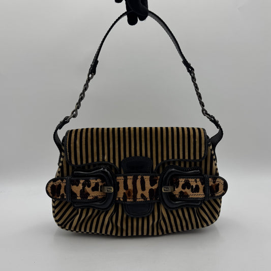 Fendi Brown Black Striped Velvet and Leopard Print Calfhair Buckle Flap Shoulder Bag